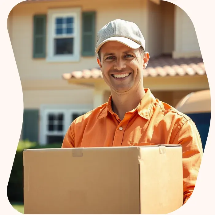 Two removalists moving boxes up stairs